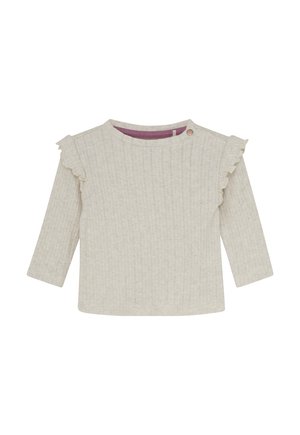 Cremefarbendes Langarmshirt für Kleinkinder mit vertikaler Rippstruktur, Rüschendetails an den Schultern und einem runden Halsausschnitt mit einem kleinen Knopfverschluss.