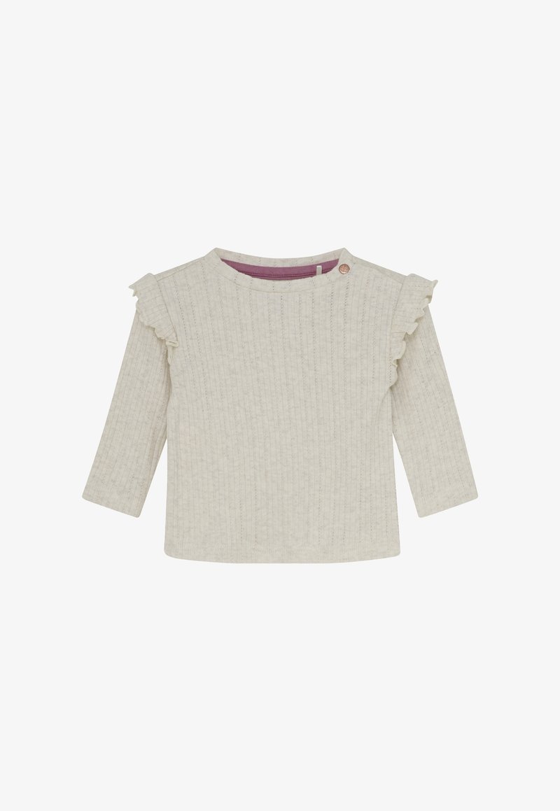 Kremowa koszulka dla małych dzieci z długim rękawem, poziomymi prążkami, falbaniastymi detalami na ramionach i okrągłym dekoltem z małym zapięciem na guzik.