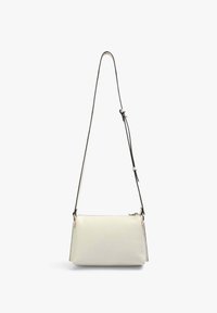 Crossbody bag in cream textured leather, featuring a zip closure and adjustable black strap. Simple rectangular shape with minimal hardware.
