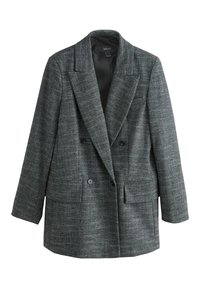 Dobbeltknappet blazer i et tekstureret gråt stof. Har klippede slag, to frontlommer og sorte knapper.