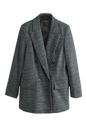 Dvojřadý blazer z texturované šedé látky. Má klopové límce, dvě přední kapsy a černé knoflíky.