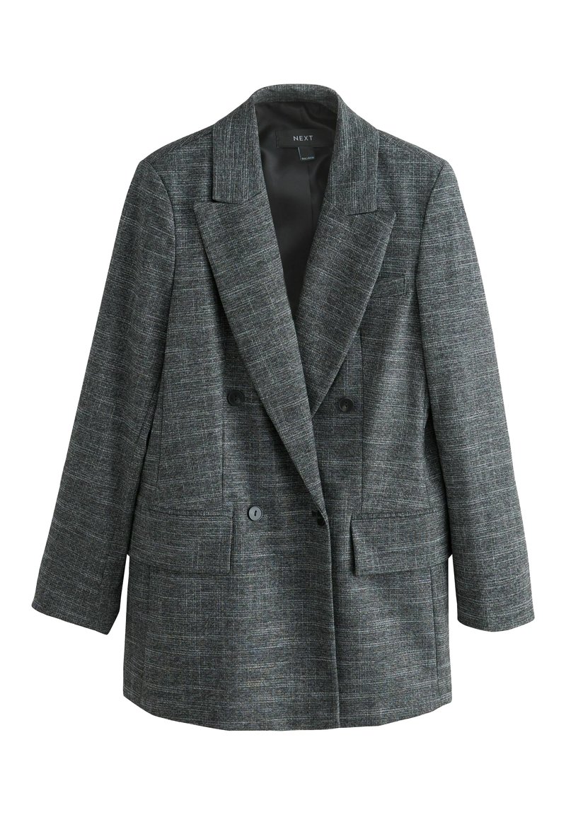 Doppelt geknöpfter Blazer aus strukturiertem grauen Stoff. Mit Reverskragen, zwei Vordertaschen und schwarzen Knöpfen.