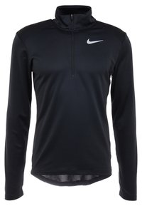 Musta Nike pitkähiha quarter-zip-paita, jossa on teksturoitu kangas, korkea kaulus, logo rinnassa ja hieman pidempi takareuna.