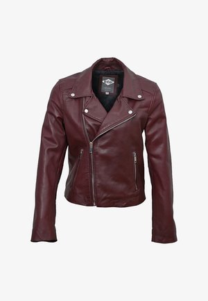 Burgunderrote Leder-Bikerjacke mit einem Reverskragen, asymmetrischem Reißverschluss und zwei Reißverschluss-Taschen vorne. Glatte Textur und taillierte Passform.