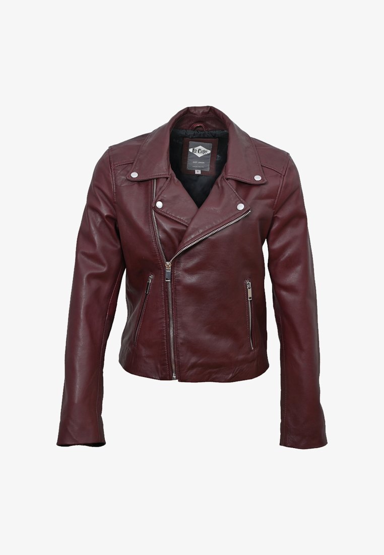 Bordó kožená motorkářská bunda s vyhnutým límcem, asymetrickým zipem a dvěma zipovými předními kapsami. Hladká textura a přiléhavý design.