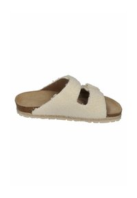 White, soft-textured slide sandal with two open straps and a brown insole. Features a cork-like footbed and textured rubber outsole.