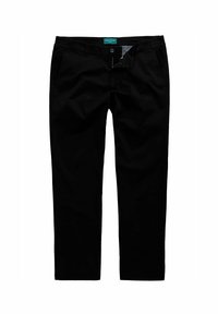 Svarta byxor i bomull med knapp- och dragkedjestängning, sidfickor och en något avsmalnande bendesign. Flat front utan mönster.