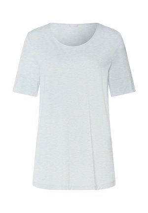 Lyseblå kortærmet dams T-shirt med rund halsudskæring og glat stofstruktur, vist på hvid baggrund.