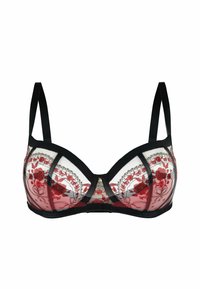 Czarny biustonosz z koronką, zdobiony czerwonymi haftami kwiatowymi na przezroczystym różowym tle, z fiszbinami wspierającymi i regulowanymi ramiączkami.