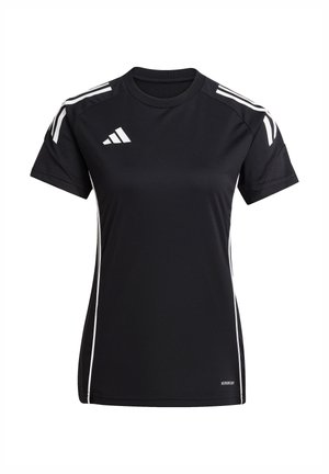 Black athletic t-shirt, short sleeves, made of lightweight fabric. Features white stripes on shoulders and side, with a small logo detail.