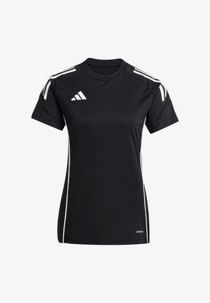 T-shirt de sport noir, à manches courtes, en tissu léger. Présente des rayures blanches sur les épaules et sur les côtés, avec un petit logo.