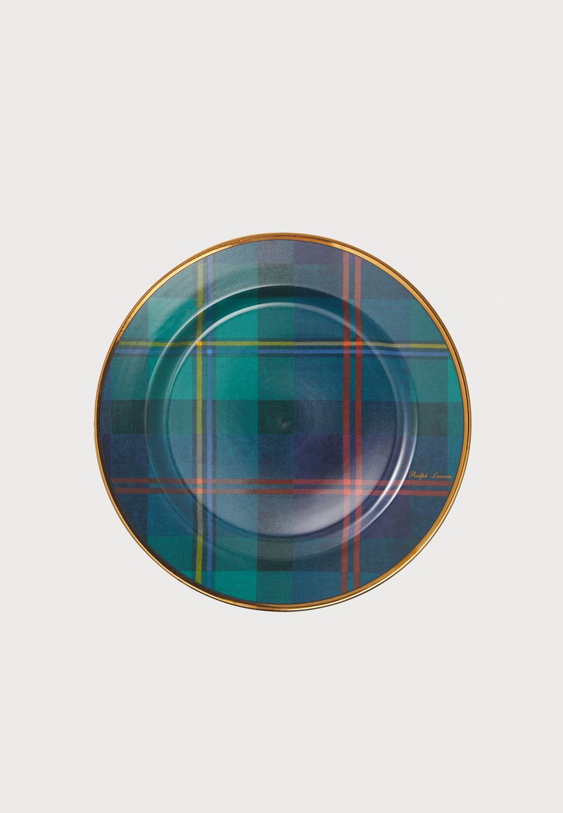 Vas decorativ rotund, cu un model tartan albastru și verde, accentuat cu roșu și galben, și o margine aurie. Textură ceramică netedă.
