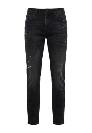 Schwarze Slim-Fit-Jeans mit ausgewaschenen Stellen und kleinen weißen Farbspritzern, Fünf-Taschen-Design, Knopfverschluss und Gürtelschlaufen.