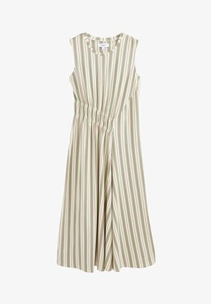 Ärmelloses Midikleid mit vertikalen grünen und roten Streifen, gerafftem elastischem Detail an der Taille und rundem Halsausschnitt.