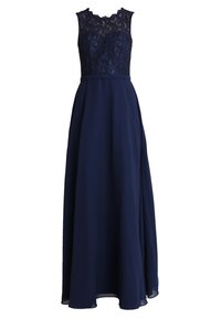 Robe de soirée bleu marine sans manches avec corsage en dentelle, taille cintrée et jupe longue fluide.