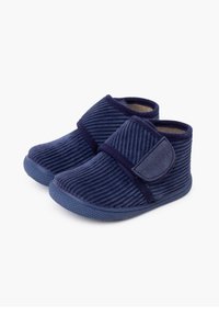 Stivaletti in corduroy blu con una morbida fodera interna, forma curva, strap con chiusura in velcro e suola testurizzata per una buona aderenza.
