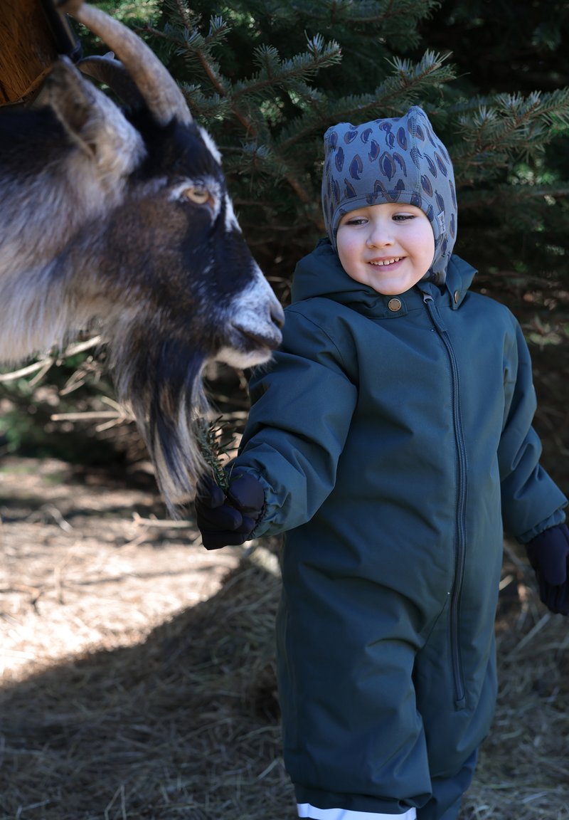 Un copil îmbrăcat într-un combinezon impermeabil verde și o pălărie cu model hrănește o capră cu crenguțe, înconjurat de copaci veșnic verzi și fân.