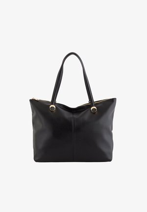 Schwarze Leder-Tote mit glatter Oberfläche, zwei langen Tragegriffen, goldfarbenen Hardware-Akzenten und einem Reißverschlussverschluss oben.