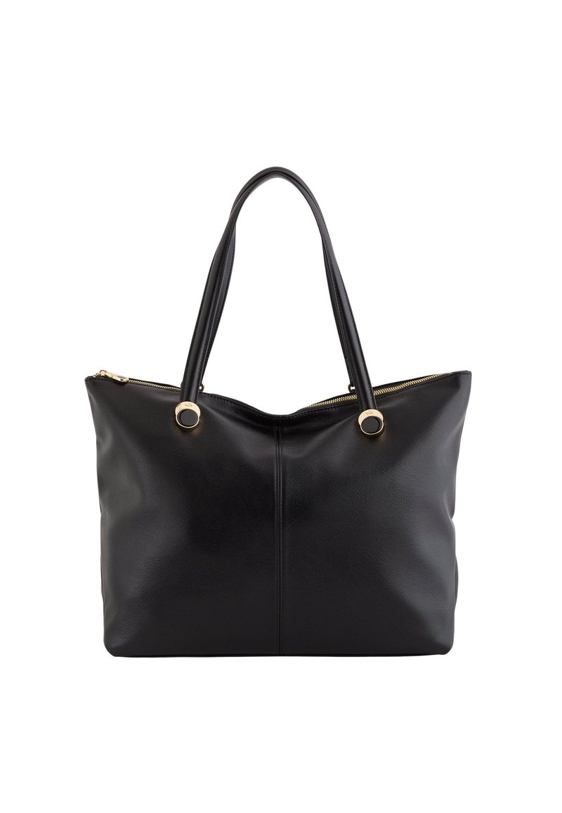 Czarna skórzana torba na ramię o gładkiej fakturze, z dwiema długimi rączkami, złotymi detalami i zamkiem błyskawicznym na górze.