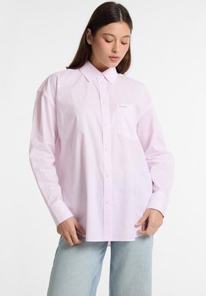 Light pink striped shirt made of cotton, features a button-down collar, long sleeves, single chest pocket, and relaxed fit.