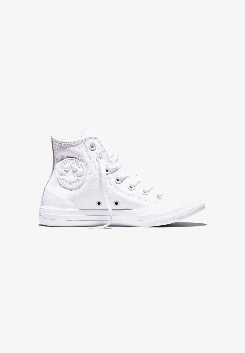 Baskets montantes blanches Converse avec lacets et semelle en caoutchouc, montrant le profil latéral et le logo embossé sur la patte de cheville.