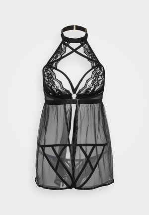 Body in pizzo nero e rete trasparente con design a halter, cinture incrociate e apertura frontale che presenta dettagli di inquadratura geometrica.
