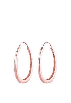 Pair of polished rose gold elongated hoop earrings with a smooth, slightly thickened oval shape on a white background.