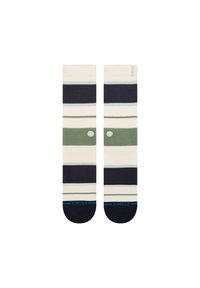 Ciorapi raiati cu culori alternante: bleumarin, verde și crem. Textură netedă cu un design cu nervuri și detaliu de logo aproape de tiv.
