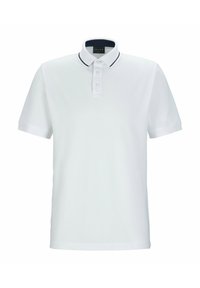 Biała koszulka polo z krótkim rękawem wykonana z gładkiego materiału. Posiada zapięcie na guziki i kontrastowy granatowy kołnierzyk. Bez wzorów.
