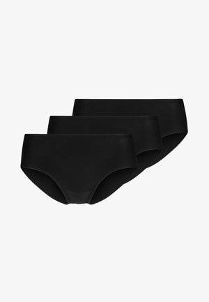 Black cotton briefs in a pack of three, featuring a smooth texture, stretchable waistband, and classic hipster cut.