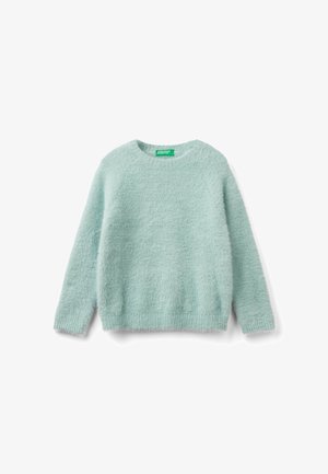 Suéter fuzzy de color verde menta claro con mangas largas, cuello redondo y puños acanalados. Textura suave y corte casual.