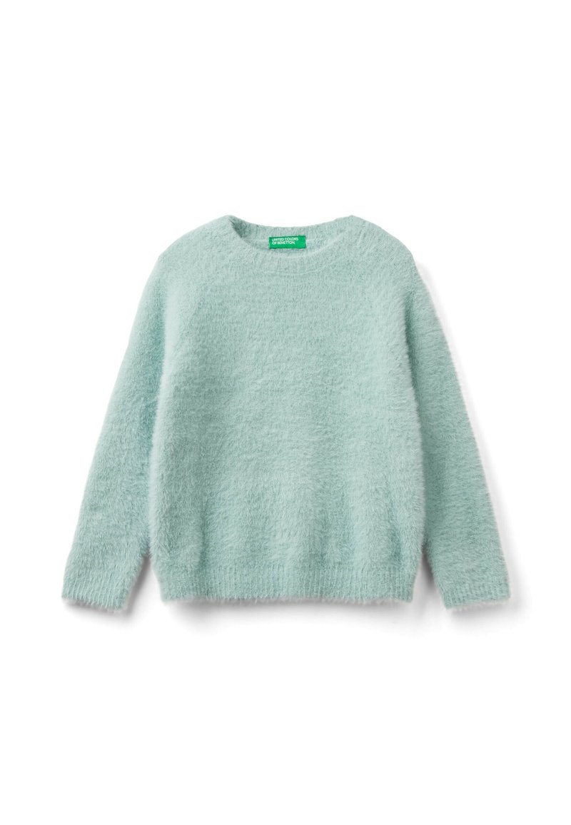 Maglione fuzzy verde menta chiaro con maniche lunghe, scollo rotondo e polsini a costine. Tessuto morbido e vestibilità casual.