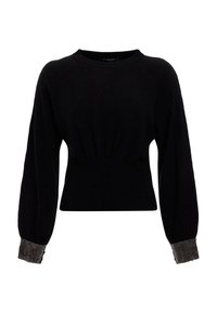 Zwart gebreide trui met een strakke taille. Voorzien van lange, opgeblazen mouwen en metallic-accenten op de manchetten. Zachte textuur en klassieke ronde halslijn.