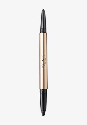 Zweiköpfiger Eyeliner mit einem metallic goldenen Gehäuse, das an jedem Ende eine schwarze Stiftspitze hat. Glattes, elegantes Design mit aufgedrucktem Branding.