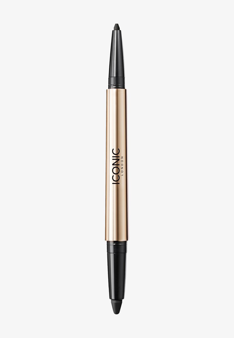 Eyeliner a doppio con un barattolo metallico dorato, dotato di una punta in matita nera su ciascuna estremità. Design liscio ed elegante con branding stampato.