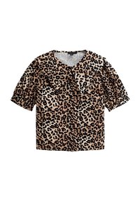 Blusa a maniche corte in stampa leopardata, con un motivo marrone e nero su uno sfondo beige, dotata di un ampio colletto a punta e una texture morbida.
