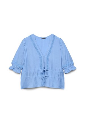 Blusa azzurro chiaro con scollo a V, rifinitura in pizzo, maniche corte a sbuffo con volant e due chiusure a laccio frontali in vita.