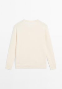 Maglione color crema con maniche lunghe, scollo rotondo, polsini e orlo a coste, texture liscia e senza motivi o accenti visibili.