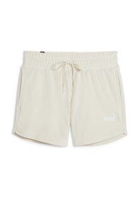Bež fleece lühikesed püksid elastse vöökoha ja nööriga, külgtaskute ja alumisel eespool valge brodeeritud Puma logoga.