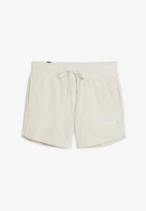 Pantalones cortos de forro polar beige con cintura elástica y cordón, que cuentan con bolsillos laterales y un logo de Puma bordado en blanco en la parte inferior delantera.