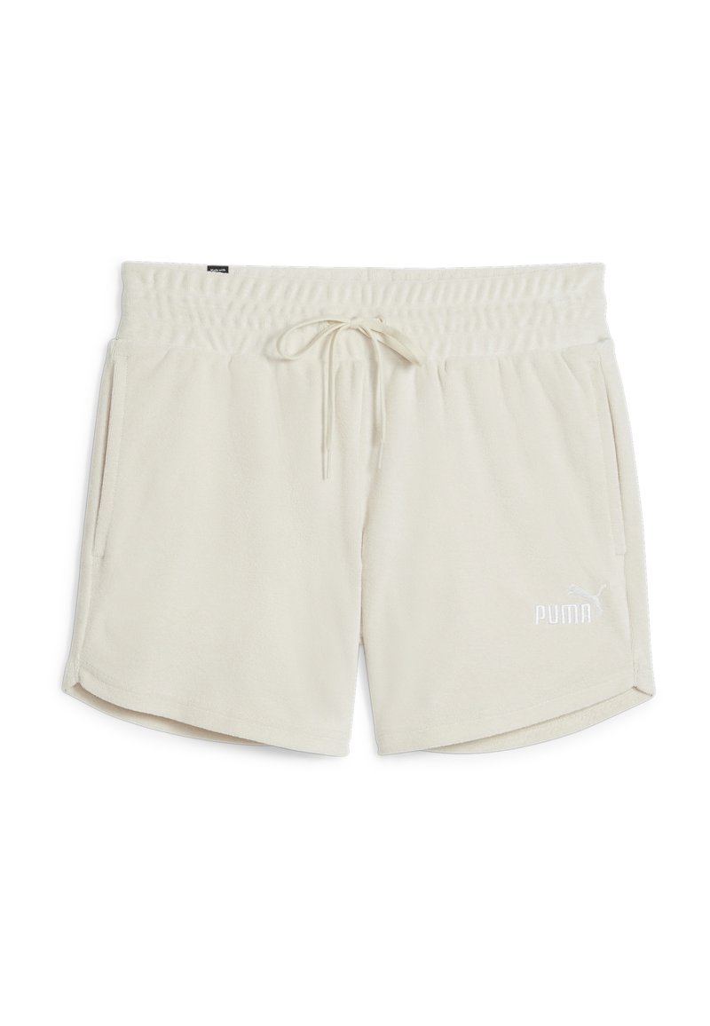 Bež fleece lühikesed püksid elastse vöökoha ja nööriga, külgtaskute ja alumisel eespool valge brodeeritud Puma logoga.