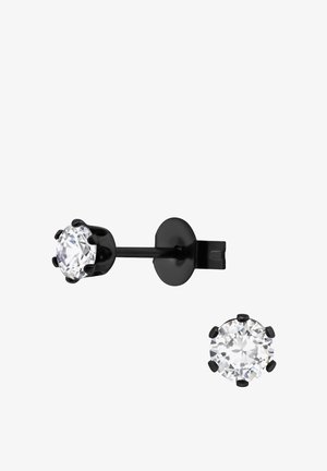 Boucles d'oreilles à clous noires avec des pierres de zirconium cubique rondes transparentes, serties de six griffes, présentant un design épuré et minimaliste.