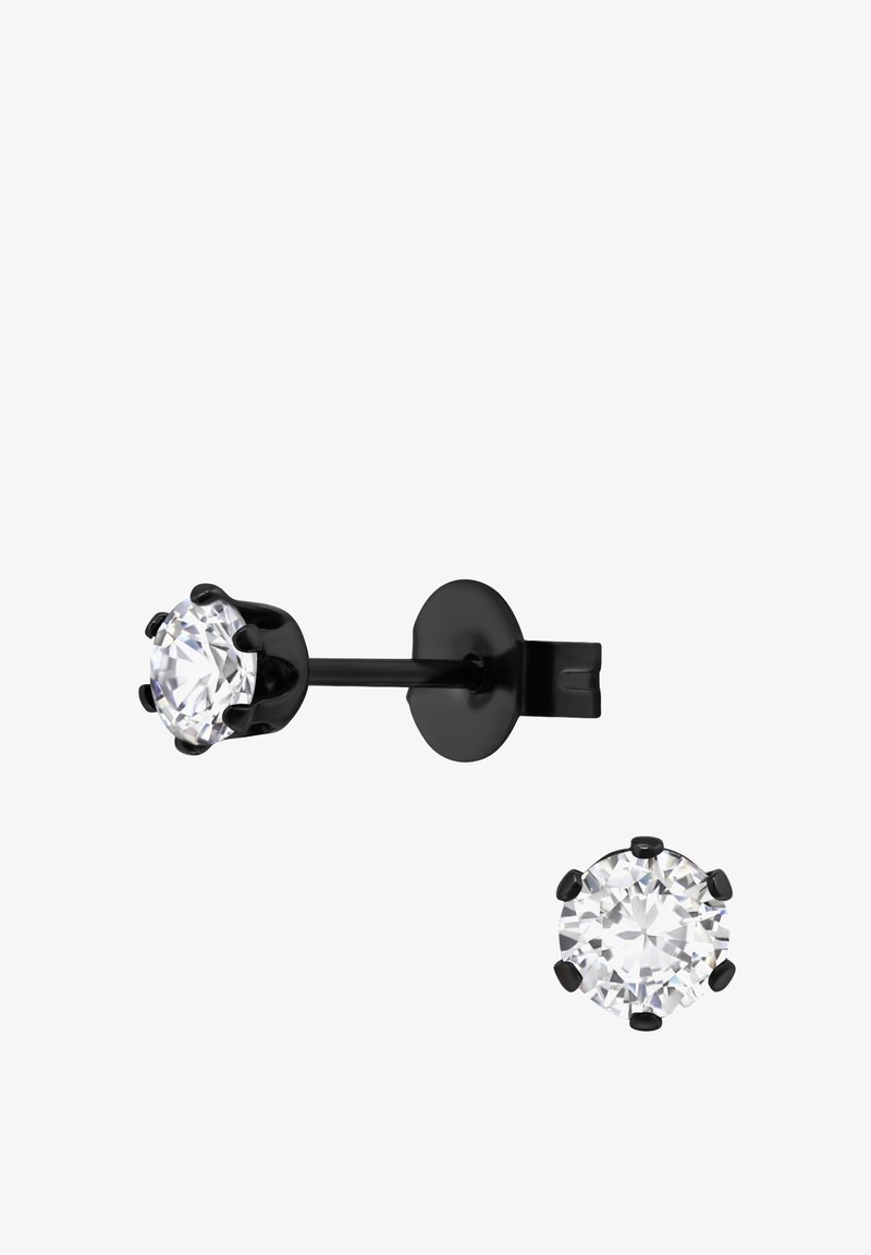 Zwarte oorknopjes met heldere, ronde zirkonia stenen in zeskantige zettingen, die een strak en minimalistisch ontwerp laten zien.
