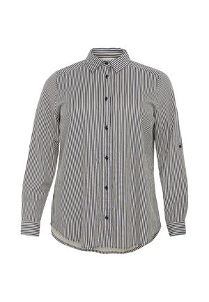 Camicia a righe verticali bianche e nere a maniche lunghe con colletto e polsini con bottoni.