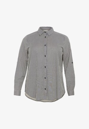 Juoda ir balta dryžuota marškiniai ilgomis rankovėmis, su apykakle ir sagomis ant rankogalių.