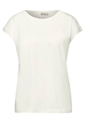 T-shirt blanc pour femme à manches courtes, col rond, manches légèrement retroussées et ourlet droit.