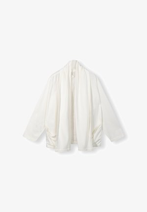 White, lightweight cardigan with a draped front, long sleeves, and soft texture. Features gathered accents on the sides for a relaxed fit.