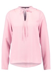 Ljusrosa långärmad blus med nyckelhålsutskärning och knytband, med en mjuk textur och rundad fåll för en avslappnad passform.