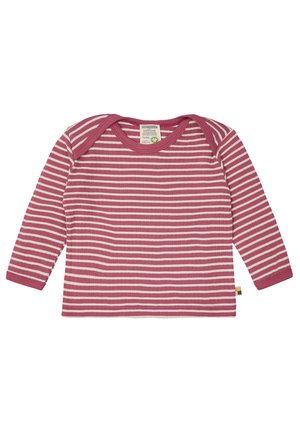 Langarmgestreiftes Hemd in Rosa und Weiß, aus Rippstoff mit rundem Halsausschnitt und kontrastierendem Kragen. Auffälliges Etikett-Detail am Saum.