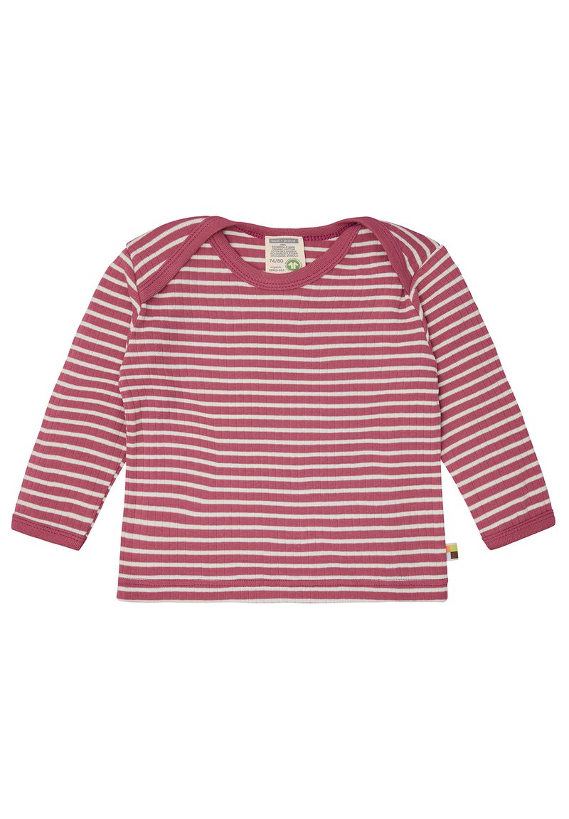 Langarmgestreiftes Hemd in Rosa und Weiß, aus Rippstoff mit rundem Halsausschnitt und kontrastierendem Kragen. Auffälliges Etikett-Detail am Saum.